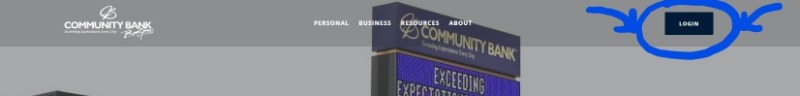 Screenshot of Community Bank homepage showing the login button.